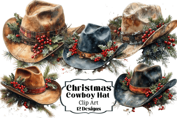12 Christmas Cowboy Hat Holly Clipart for Illustrations