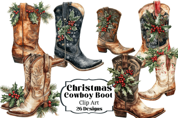 26 Christmas Cowboy Boot Holly Clipart for Illustrations