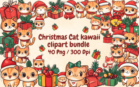 Christmas Cats Kawaii Clipart Cute PNG for Illustrations