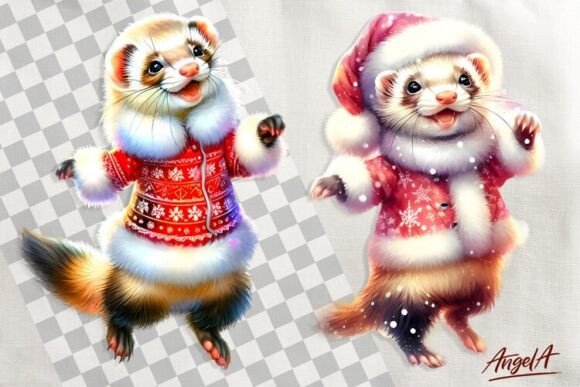 Christmas Clipart, Cute Ferret Clipart, for Modern Illustrations