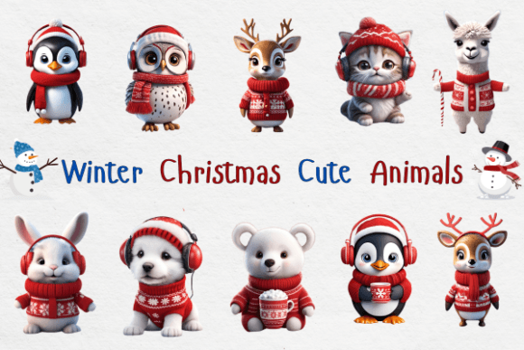 Christmas Cute Animals PNG Bundle: Festive Illustrations for Handmade Products