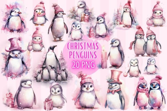 Christmas Penguins Pink Watercolor PNG for Illustrations