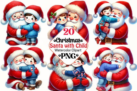 Christmas Santa with Child Clipart for Illustrations