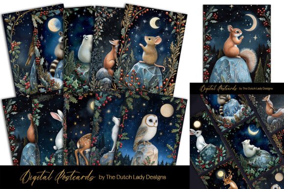 Holly Berry Christmas Animals Card Set for Illustrations