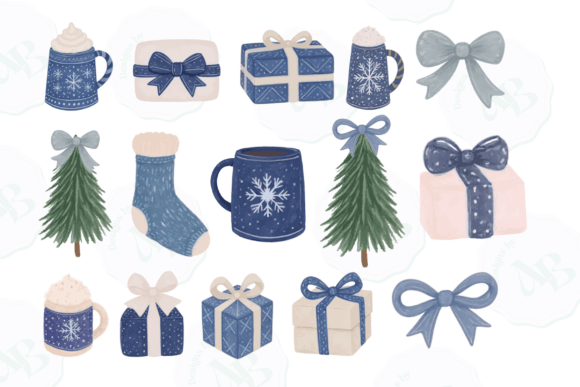 Watercolor Blue Christmas Clip Art Set for Illustrations