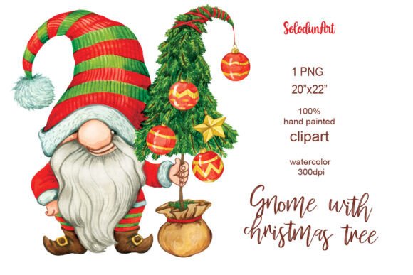 Watercolor Gnome with Christmas Tree for Illustrations