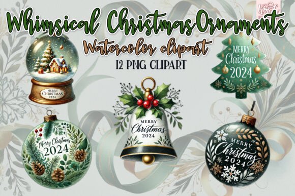 Watercolor Merry Christmas Ornaments PNG in Illustrations