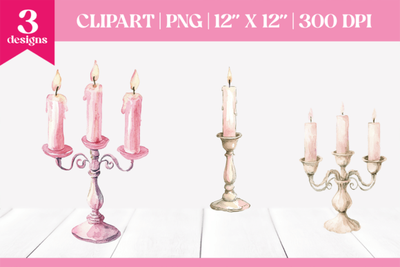 Watercolor Pink Christmas Candlesticks C: Festive Illustrations for Crafters
