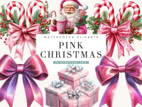 Watercolor Pink Christmas Clipart Bundle for Illustrations
